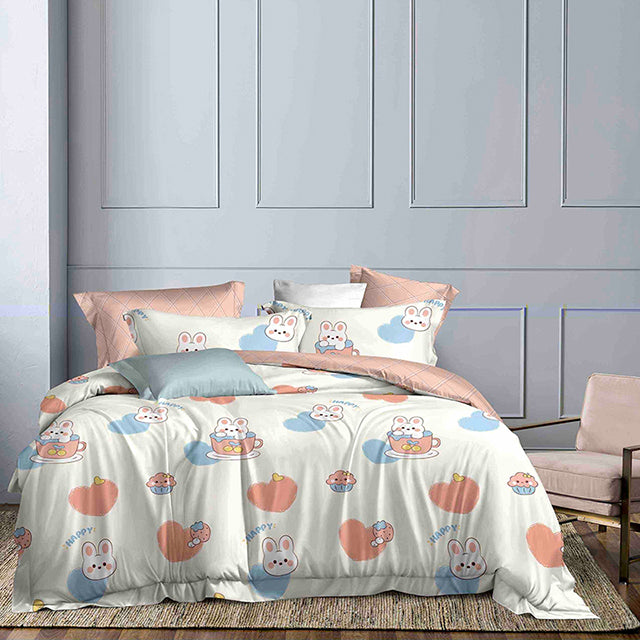 Единично спално бельо от 100% памук – бяло със зайчета и сърца