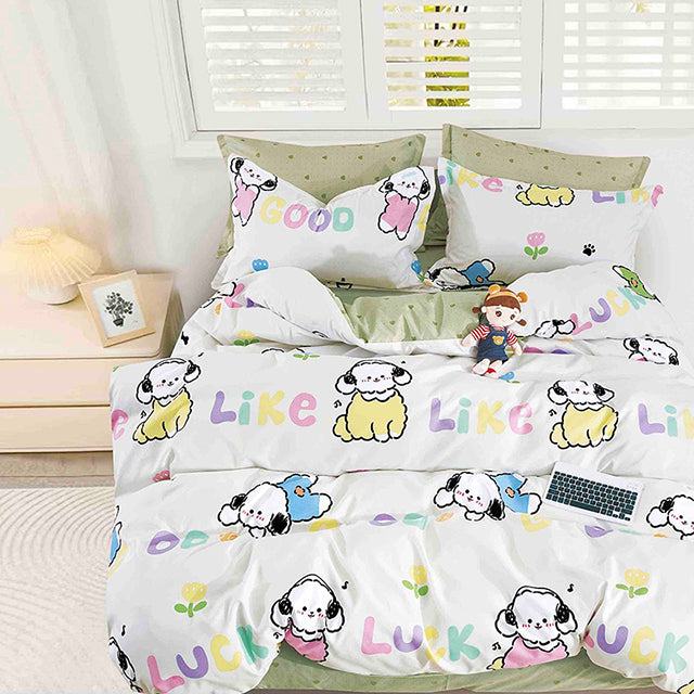 Единично спално бельо от 100% памук – сиво с кученца