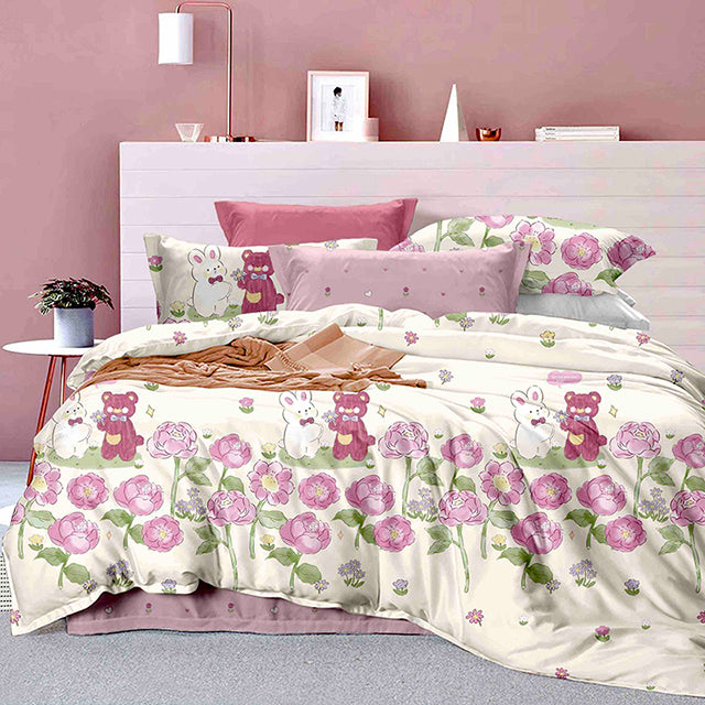 Единично спално бельо от 100% памук – бяло и лилаво с рози и мечета