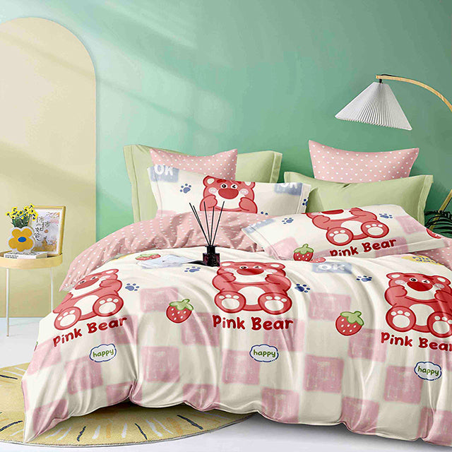 Единично спално бельо от 100% памук – бяло и розово с мечета и ягоди