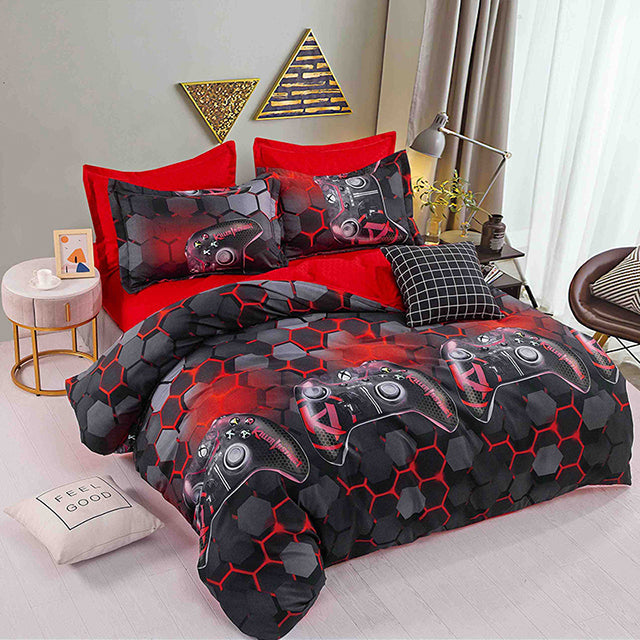 Единично спално бельо от 100% памук – сиво и червено с джойстик