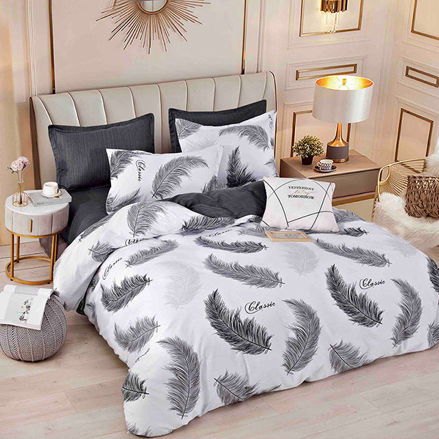 Единично спално бельо от 100% памук – бяло и сиво с пера