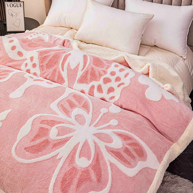 Плюшено 3D одеяло - Розов цвят с пеперуди - F3D-03