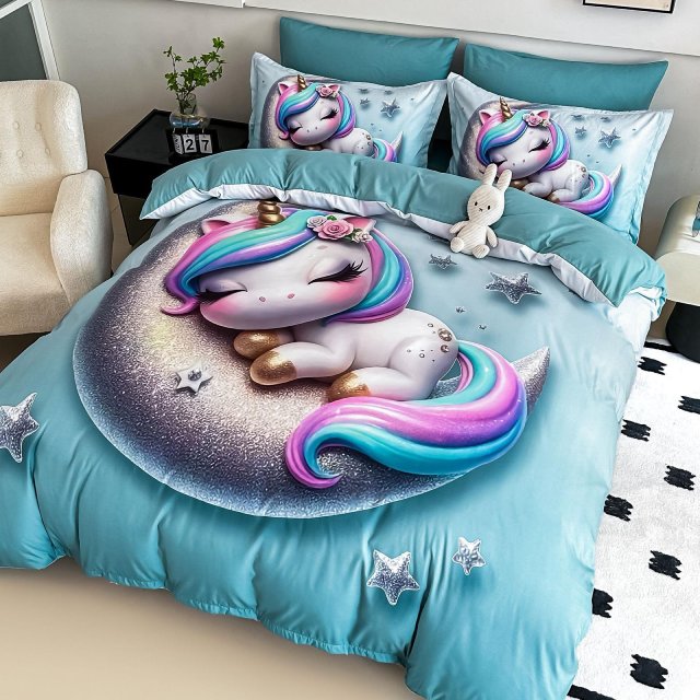 5D Спално бельо от 6 части с ластик - Светлосиньо с еднорози