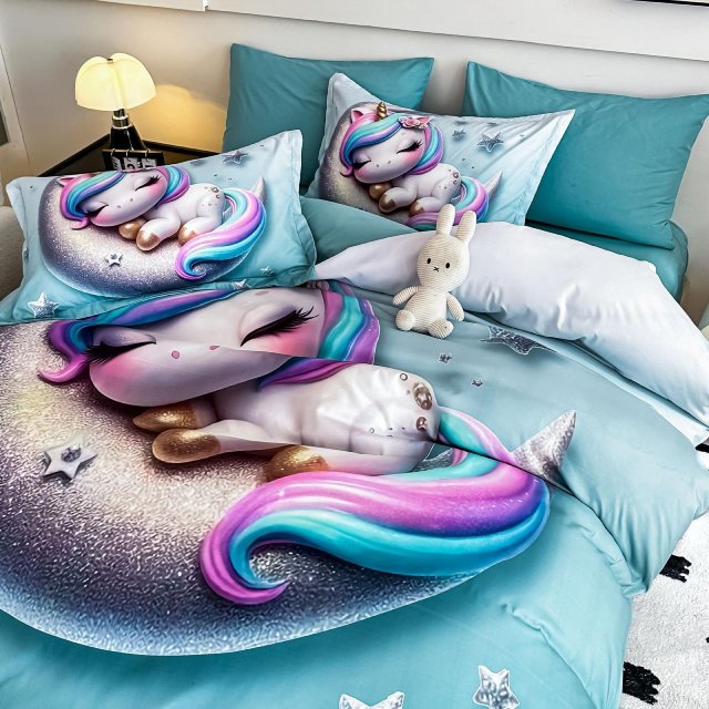 5D Спално бельо от 6 части с ластик - Светлосиньо с еднорози