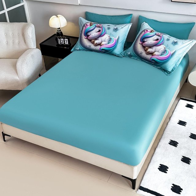 5D Спално бельо от 6 части с ластик - Светлосиньо с еднорози