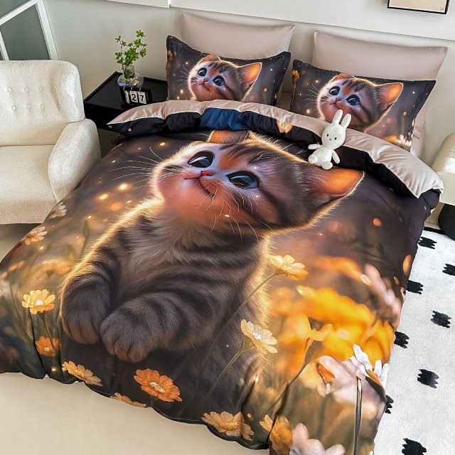 5D Спално бельо от 6 части с ластик - Бежово с котенца