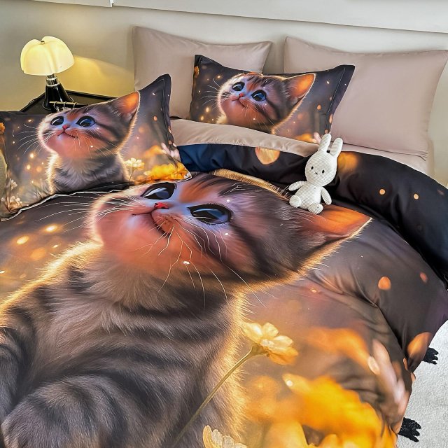 5D Спално бельо от 6 части с ластик - Бежово с котенца