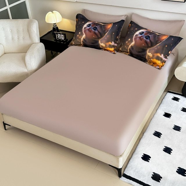 5D Спално бельо от 6 части с ластик - Бежово с котенца