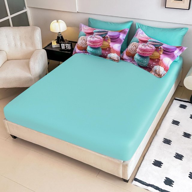 5D Спално бельо от 6 части с ластик - Тюркоазено с френски макарони