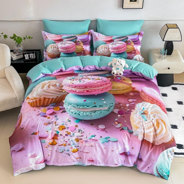 5D Спално бельо от 6 части с ластик - Тюркоазено с френски макарони