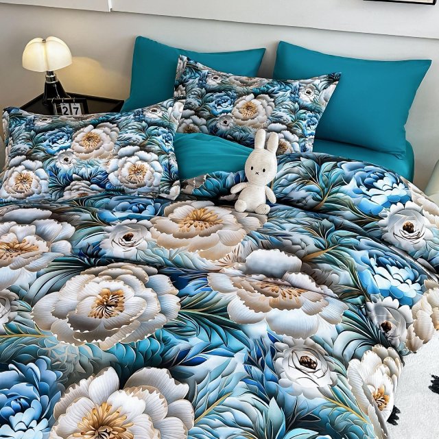 5D Спално бельо от 6 части с ластик - Светлосиньо с флорален мотив