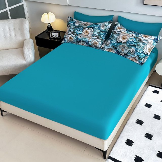 5D Спално бельо от 6 части с ластик - Светлосиньо с флорален мотив