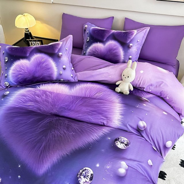 5D Спално бельо от 6 части с ластик - Лилаво със сърца