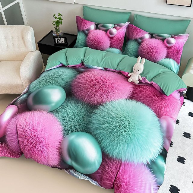 5D Спално бельо от 6 части с ластик - Розово и тюркоазено