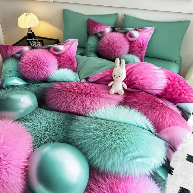 5D Спално бельо от 6 части с ластик - Розово и тюркоазено