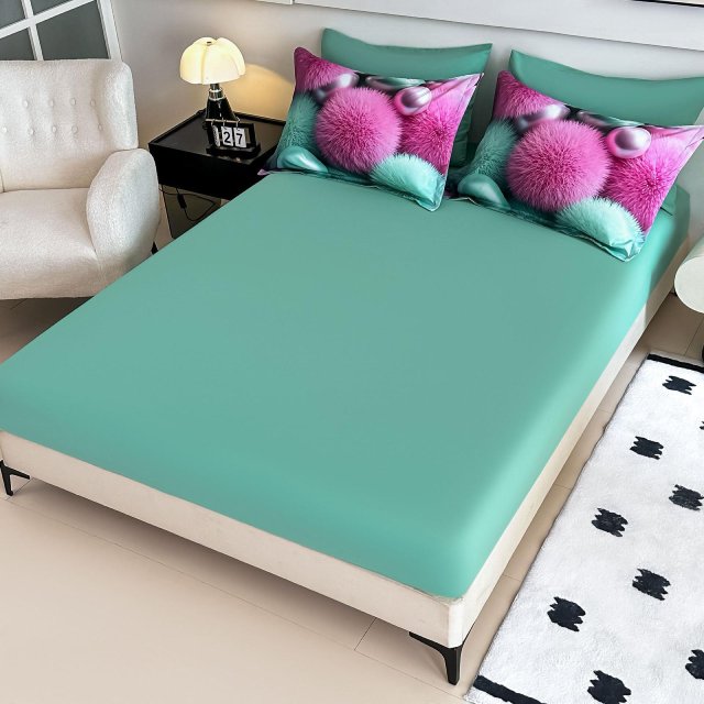 5D Спално бельо от 6 части с ластик - Розово и тюркоазено