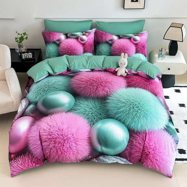 5D Спално бельо от 6 части с ластик - Розово и тюркоазено