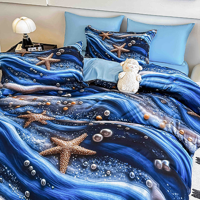 5D Спално бельо от 6 части с ластик - синьо с морски звезди - F5D-16