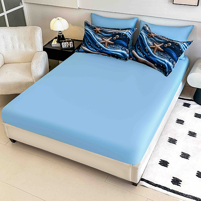 5D Спално бельо от 6 части с ластик - синьо с морски звезди - F5D-16