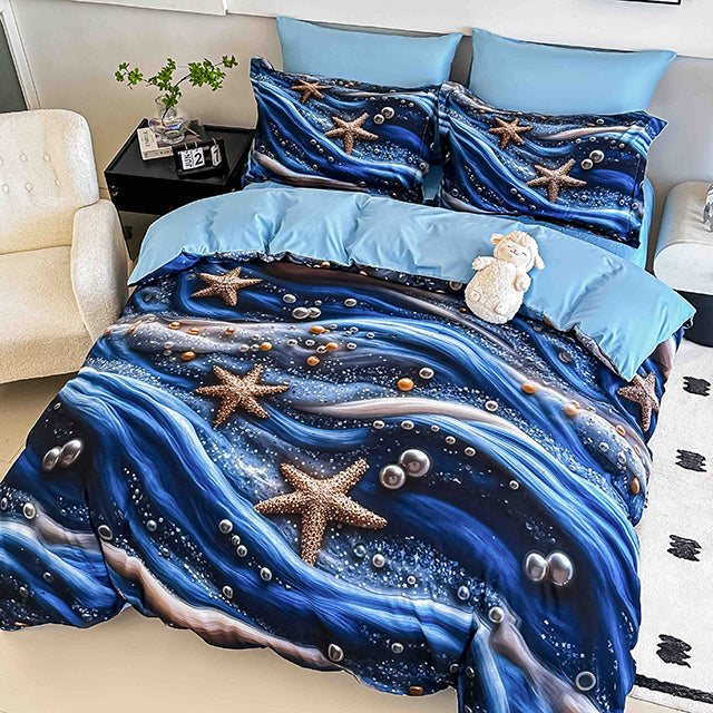 5D Спално бельо от 6 части с ластик - синьо с морски звезди - F5D-16