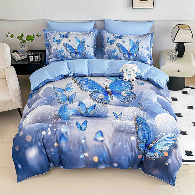 5D Спално бельо от 6 части с ластик - Жълто и синьо с пчелички 