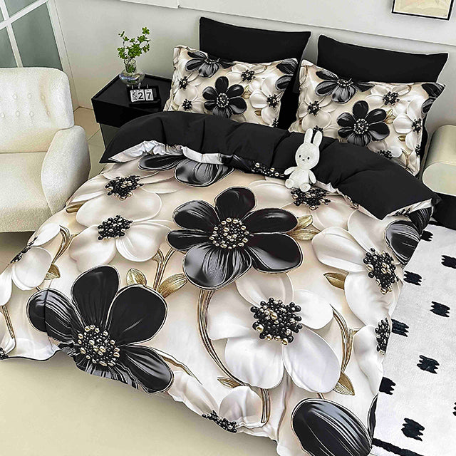 5D Спално бельо от 6 части с ластик - цвят крем и черно с цветя - F5D-21