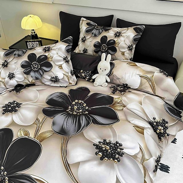 5D Спално бельо от 6 части с ластик - цвят крем и черно с цветя - F5D-21