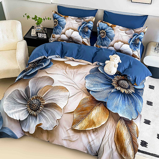 5D Спално бельо от 6 части с ластик - бежово и синьо с цветя - F5D-22