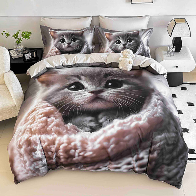 5D Спално бельо от 6 части с ластик - сиво с коте 