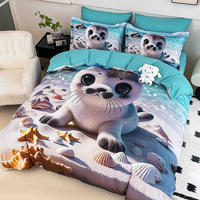 5D Спално бельо от 6 части с ластик - сиво и синьо с тюленче - F5D-24