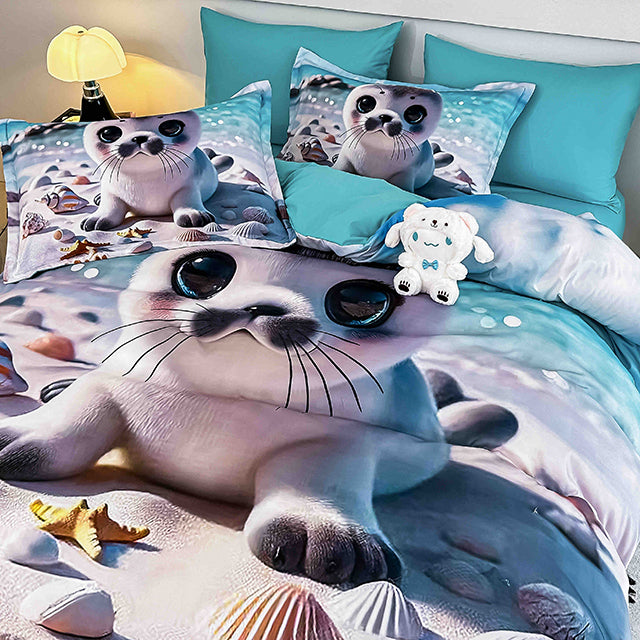 5D Спално бельо от 6 части с ластик - сиво и синьо с тюленче - F5D-24