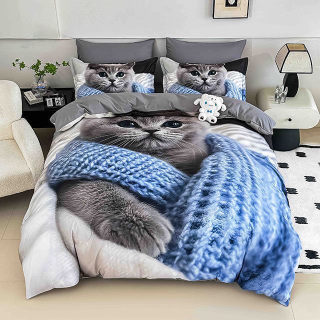5D Спално бельо от 6 части с ластик - сиво с коте 