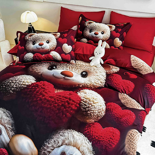 5D Спално бельо от 6 части с ластик - червено с мече и сърца - F5D-28
