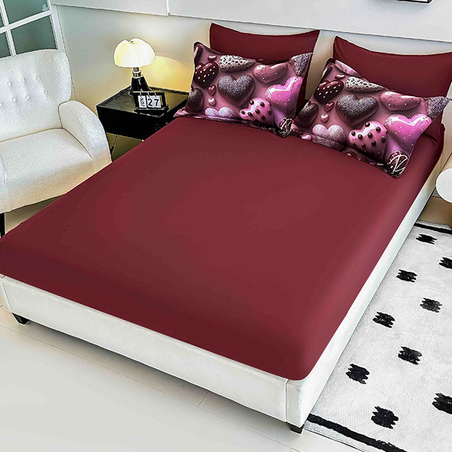 5D Спално бельо от 6 части с ластик - червено с мече и сърца - F5D-28