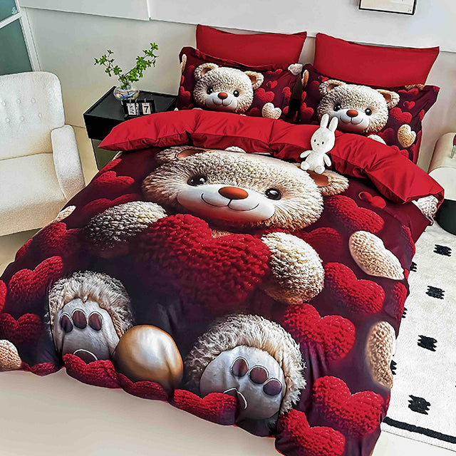 5D Спално бельо от 6 части с ластик - червено с мече и сърца - F5D-28