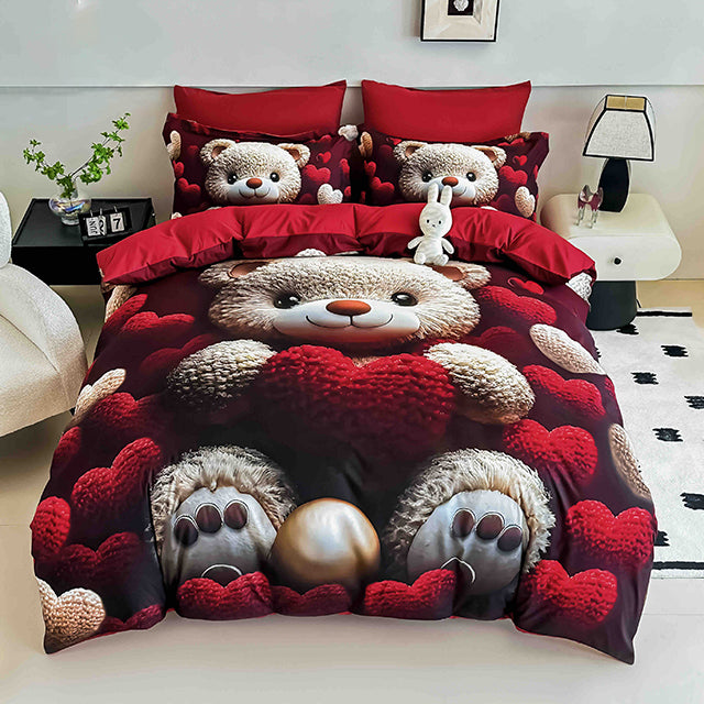 5D Спално бельо от 6 части с ластик - червено с мече и сърца 