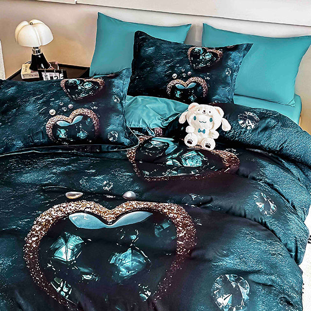 5D Единично Спално бельо с ластик - зелено със сърца - F5D1-29