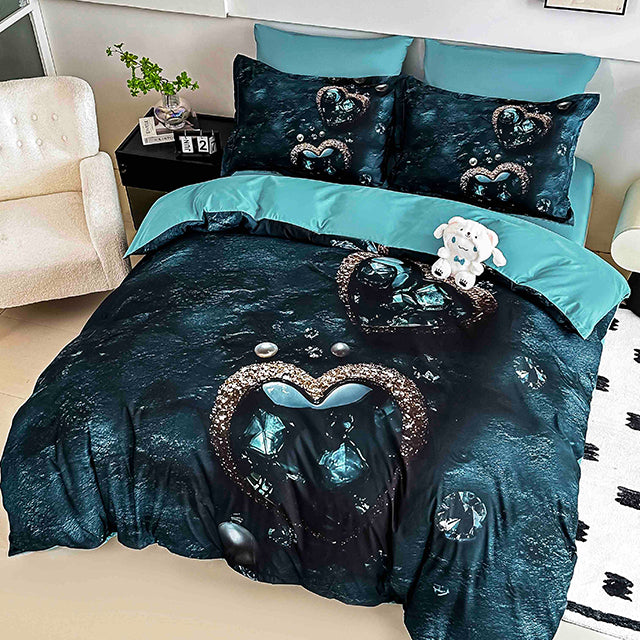 5D Единично Спално бельо с ластик - зелено със сърца - F5D1-29