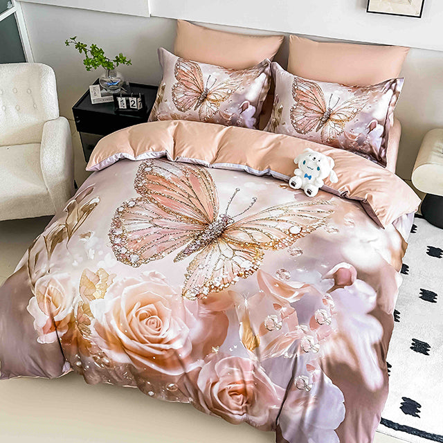 5D Единично Спално бельо с ластик - цвят крем с пеперуди и рози - F5D1-30