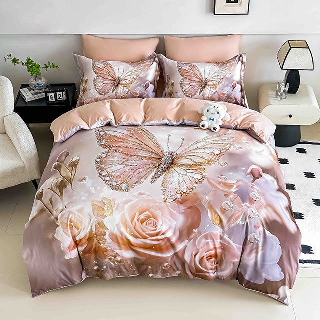 5D Спално бельо от 6 части с ластик - цвят крем с пеперуди и рози 