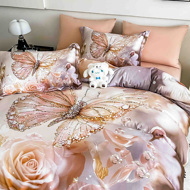 5D Единично Спално бельо с ластик - цвят крем с пеперуди и рози - F5D1-30