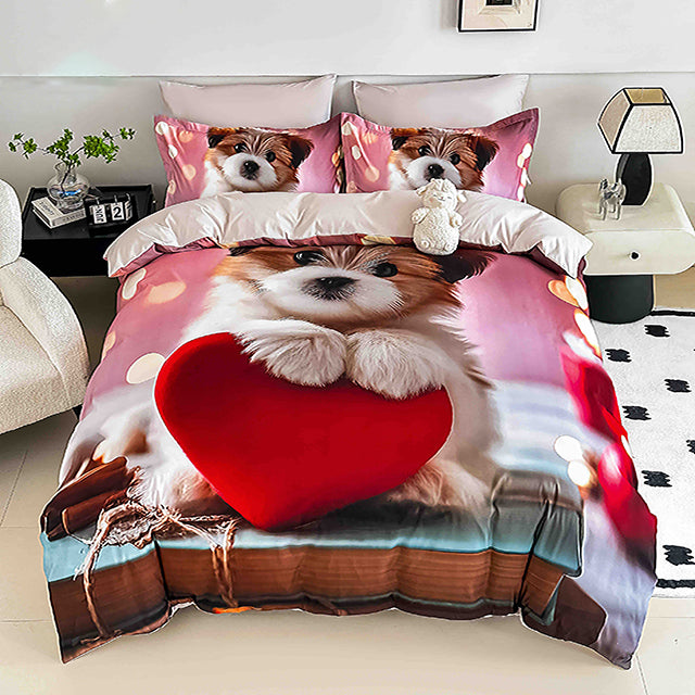 5D Спално бельо от 6 части с ластик - многоцветен с кученце