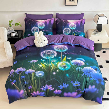 5D Спално бельо от 6 части с ластик - синьо и лилаво с глухарчета 