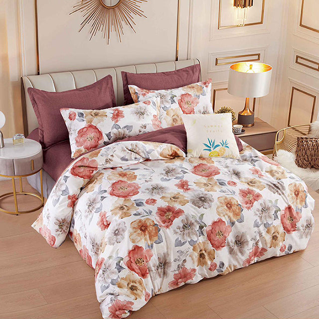 Спално бельо от 100% памук – бяло и цвят керемида с цветя