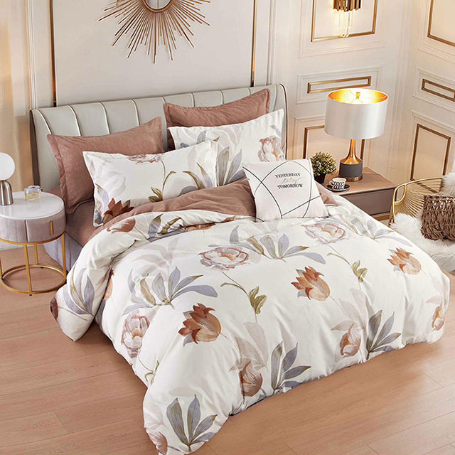 Спално бельо от 100% памук – бяло и кафяво с цветя и листа