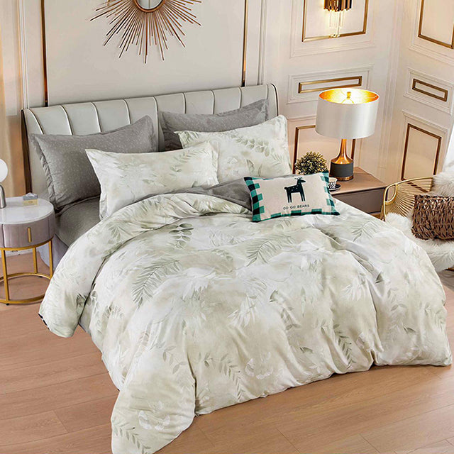 Спално бельо от 100% памук – бежово и сиво със зелени листенца