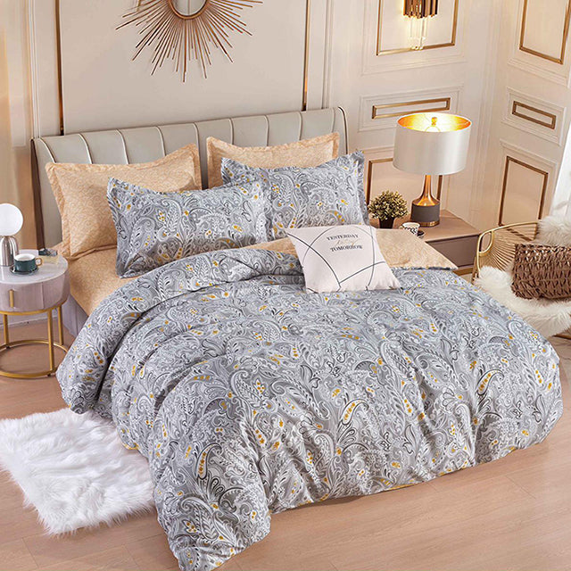 Спално бельо от 100% памук – сиво и кафяво с орнаменти