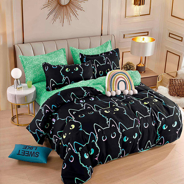Спално бельо от 100% памук – черно и зелено с котки