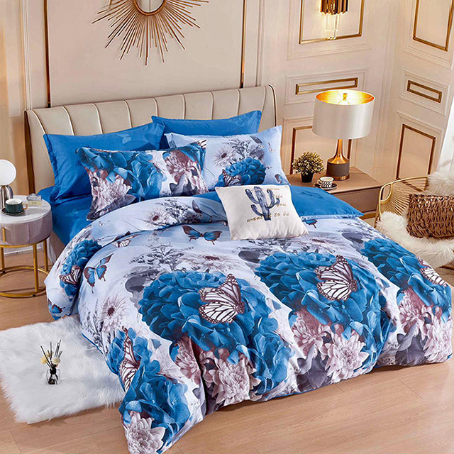Спално бельо от 100% памук – синьо с пеперуди и цветя